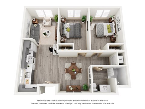 Floor plan for 2 beds, 1 bath, 962 sqft